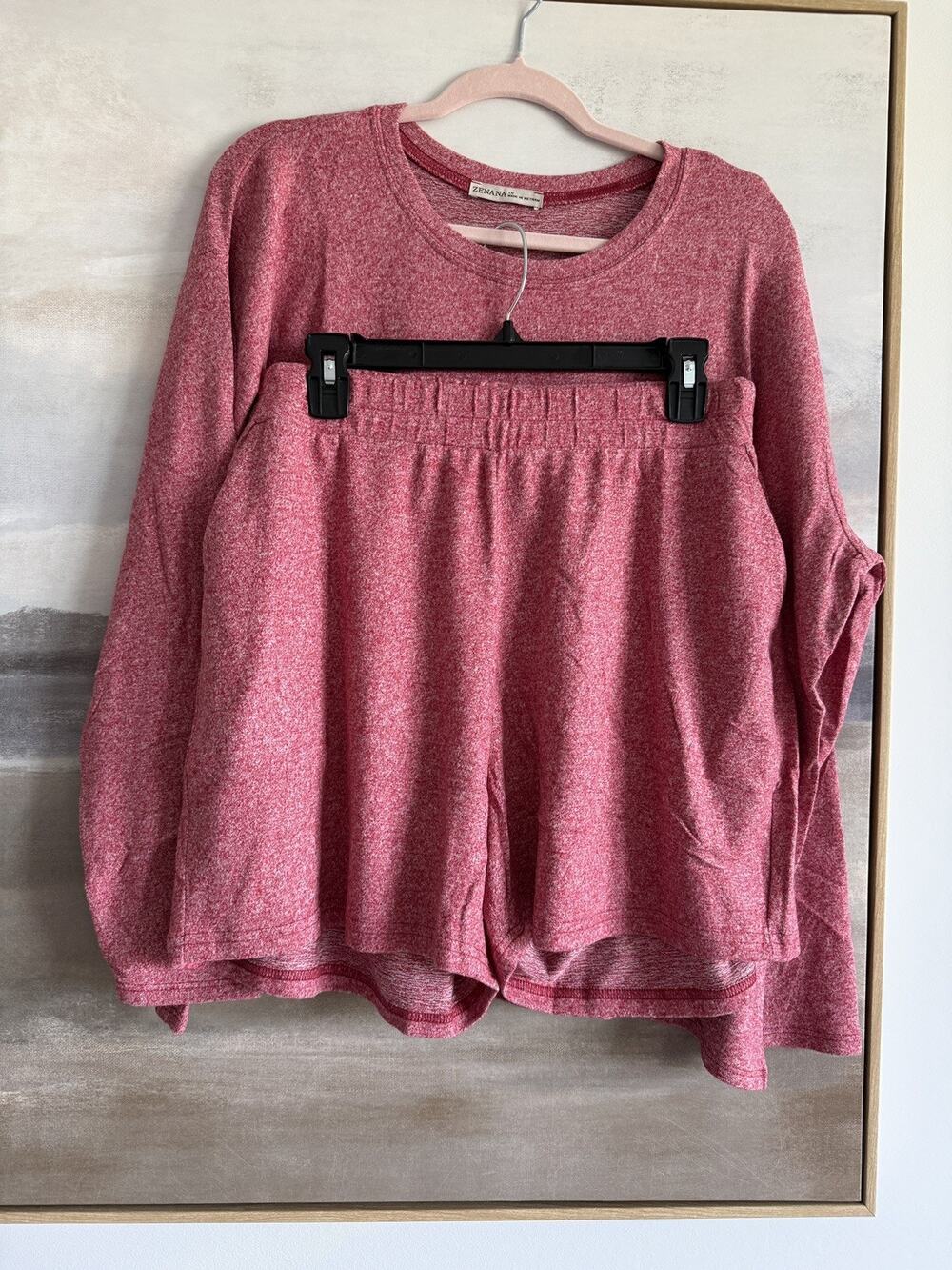 Zenana Soft Melange Long Sleeve Tee & Shorts Set Navy Medium